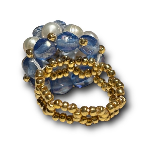 Vtg Pearl & Crystal Beaded Ring - Picture 5 of 5